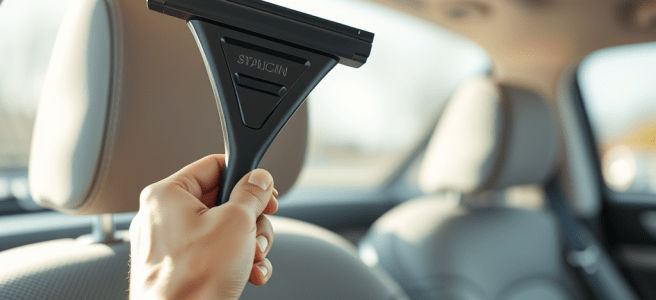 An image of a hand holding a window squeegee inside a car