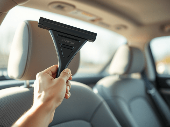 An image of a hand holding a window squeegee inside a car