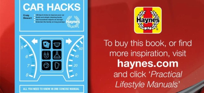 A promotional image for the book Car Hacks published by Haynes Manuals, featuring an image of the book's front cover and the Haynes logo with some information on how to buy the book at the Haynes website.