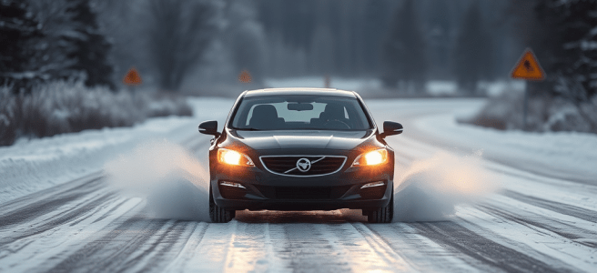 An AI generated image of a generic car struggling to drive on a slippery ice-covered road.